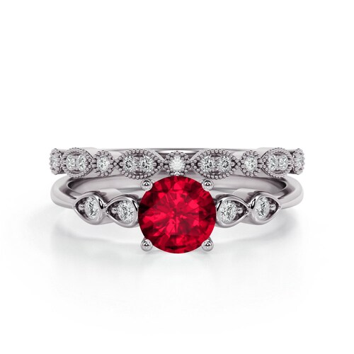2PCS Ruby Engagement Ring Set, shops Vintage Ruby Wedding Ring Set, Art Deco Ruby Bridal Ring Set, Solitaire Ring, 14k Gold Ruby Promise Ring Set.