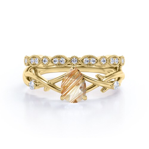 Vintage Golden Rutile Engagement Ring Set, 14k shops Rose Gold Twig Ring, Twig Wedding Bridal Ring Set,Art Deco Golden Rutile Anniversary Ring Set