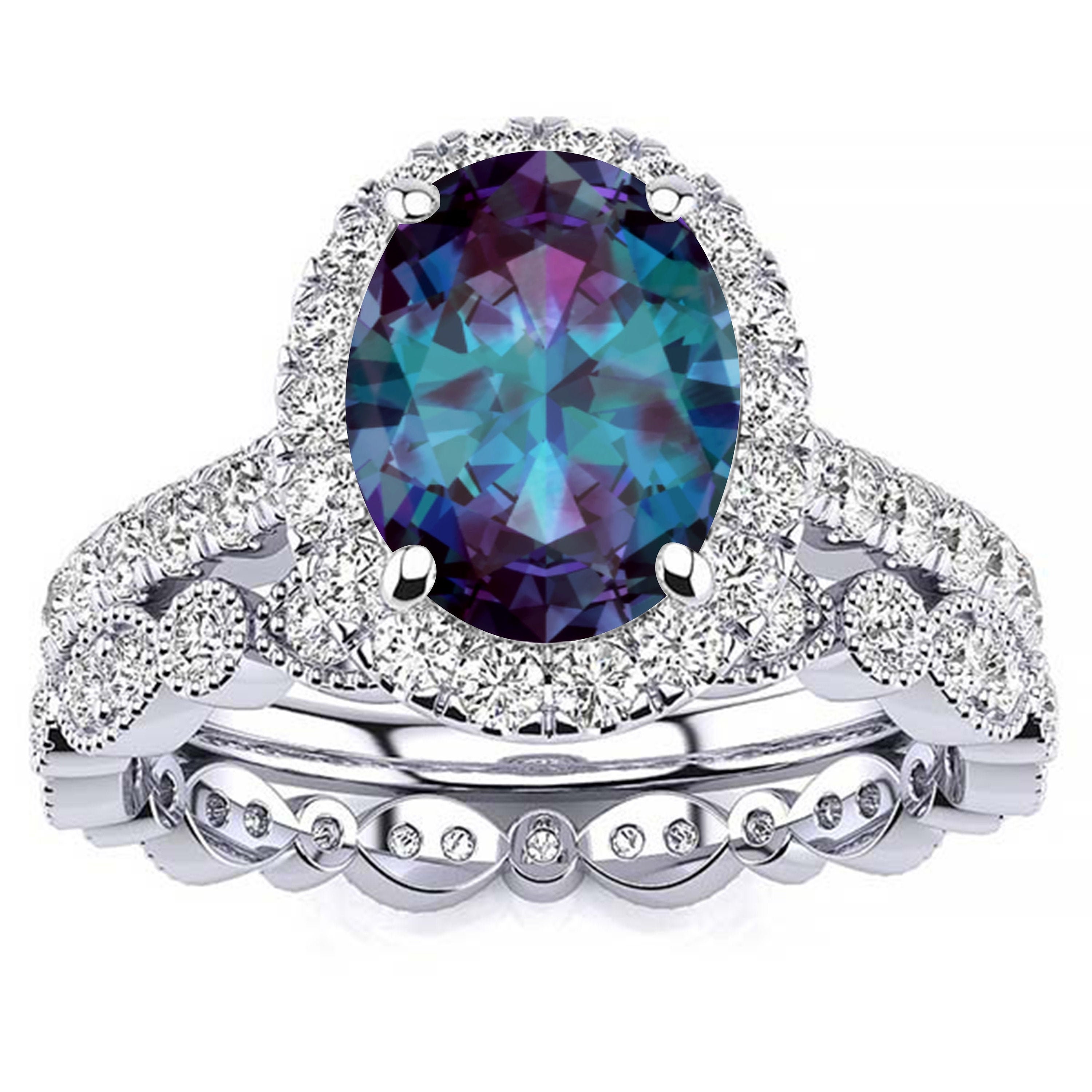 Vintage Alexandrite Engagement Ring Set White Gold Ring Etsy