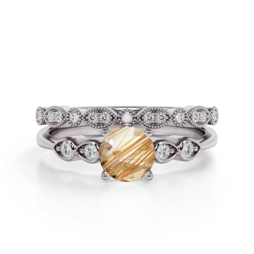 14k Golden Rutile Engagement Ring Set, Art Deco Golden Rutilated Quartz Wedding Ring Set, Vintage Golden Rutile Promise Anniversary shops Ring Set