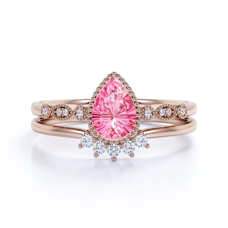 Shops Teardrop Pink Spinel Engagement Ring Set, Art Deco Spinel Wedding Ring Set, Curved Wedding Band, 14k Rose Gold Anniversary Promise Ring Set