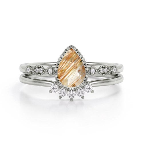 Antique Golden Rutile Engagement Ring Set,Vintage Rutile Wedding Ring Set,Art Deco shops Rutile Bridal Promise Set,14k Gold Women Anniversary Gift