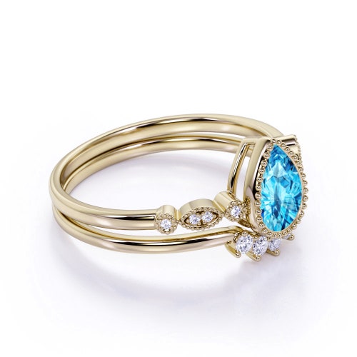 Art Deco Swiss Blue Topaz Engagement Ring Set, 925 shops Silver Swiss Blue Topaz Wedding Ring Set,Zircon Wedding Band,2PCS Vintage Bridal Ring Set