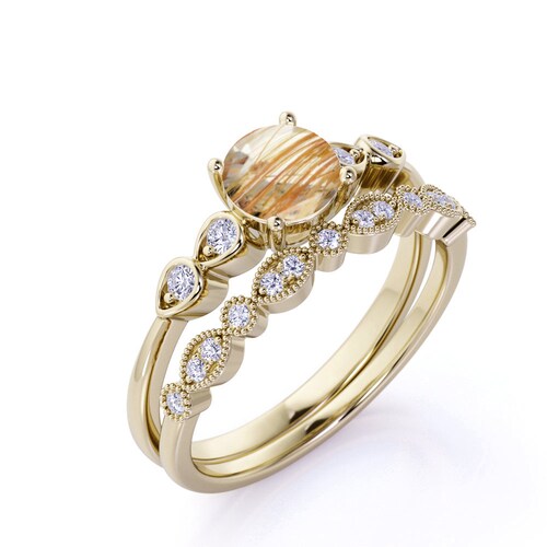 14k Golden Rutile Engagement Ring Set, Art Deco Golden Rutilated Quartz Wedding Ring Set, Vintage Golden Rutile Promise Anniversary shops Ring Set