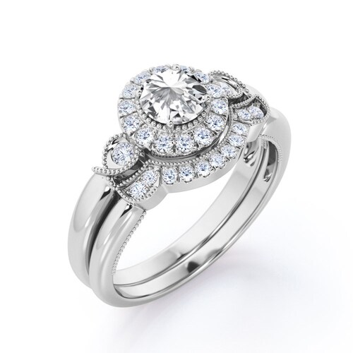 Lab White Sapphire Engagement shops Ring Set, Sterling Silver Art Deco Round Wedding Ring Set, Unique Sapphire Bridal Promise Anniversary Ring Set