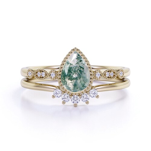 Pear Moss Agate Engagement Ring Set, 925 Silver Wedding Ring Set For Women, Unique shops Moss Agate Bridal Ring Set, Dainty Anniversary Ring Set.