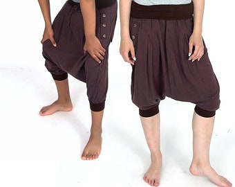 unisex drop crotch boho fair trade short cotton harem pants - Manu shorts, brown