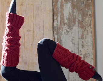 pure lambswool hand knitted fair trade chunky leg warmers - cable knit, red