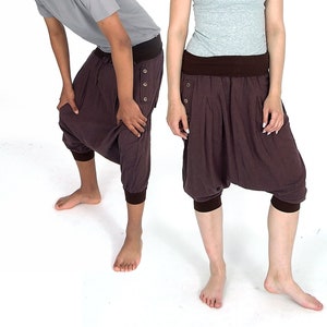 unisex drop crotch boho fair trade short cotton harem pants - Manu shorts, brown