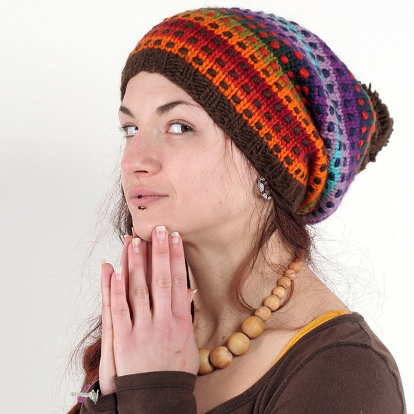 merino wool handmade fair trade slouchy beanie - flop pompom winter hat: step double rainbow