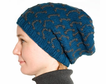Laine mérinos faite à la main équitable Bonnet louchy - 2 flop Winter Hat: Essence carrée / Gris foncé