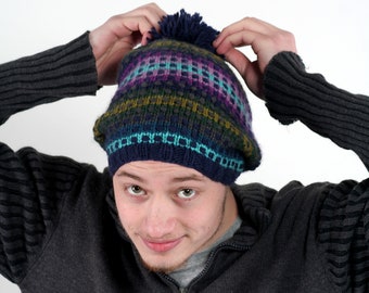 Laine mérinos faite à la main équitable Bonnet louchy - Flop Pompom Chapeau d’hiver: Step Water Rainbow