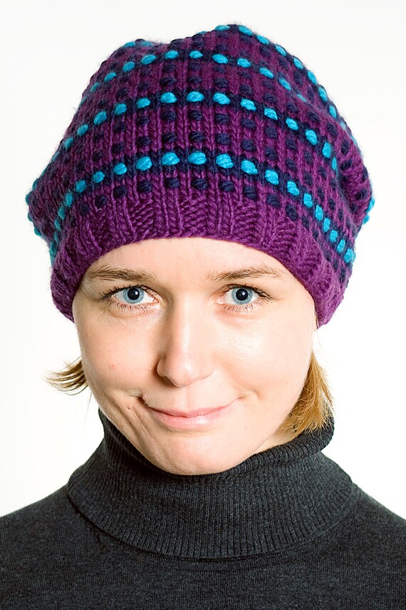 NWOT Purple Dip Dyed Cashmere Slouchy Beanie with Leather Patch on Front Purple Personalized Leather Patch Stocking Hat I Leather  main image 3