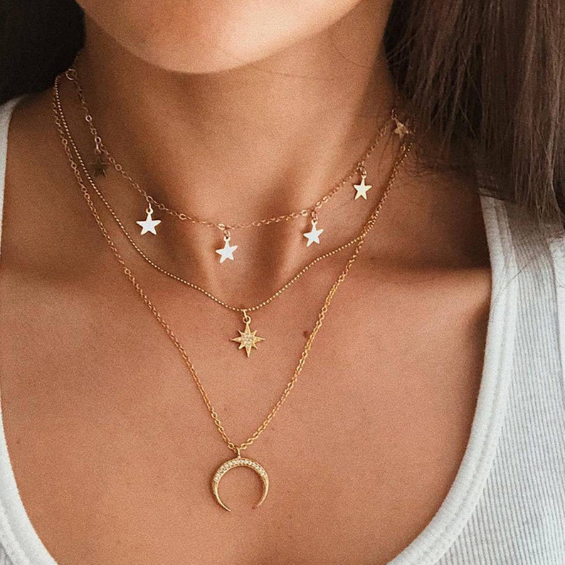 Gold Necklace Pendant Necklace Star and Moon Necklace Set Layered Set Set of 3 necklaces Perfect Gift Delicate layered necklaces set