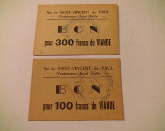 Lot de 2 bons de nécessité pour 100 et 300 francs de viande