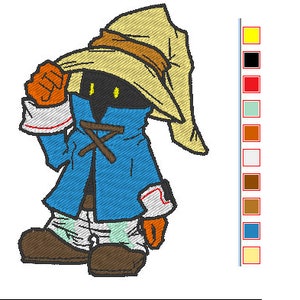 May include: Embroidered image of a character with a black face, orange gloves, and a blue coat. The character wears a large, pointed hat and has brown boots. The design is stitched with various colours, including yellow, brown, and white.