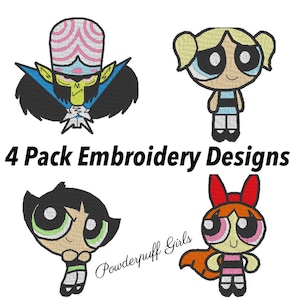 May include: Four embroidered designs of Powerpuff Girls characters: Mojo Jojo, Bubbles, Buttercup, and Blossom. The image also includes the text "4 Pack Embroidery Designs" and "Powerpuff Girls".