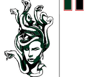 May include: A digital illustration of Medusa, a woman with snakes for hair, in shades of green and black against a white background. The artwork features a detailed depiction of her face and the serpentine forms of her hair.