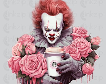 Penny Clown With Starbuck Coffee Horror Movie HD Bundle PNG FILE. Illustrated Pink Halloween.