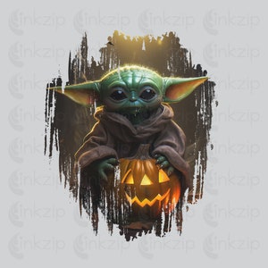 Halloween Grogu-BabyYoda Vintage Scratched Digital Design PNG HDR File. Baby Yoday Halloween