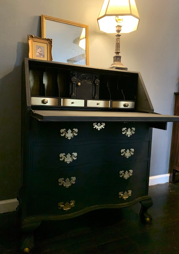 Hand Painted Secretary Desk With Embossed Wallpaper Etsy UK