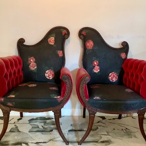 Sold. Example only for custom orders. A pair of Hollywood Regency upholstered red velvet tuffed chairs