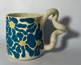 The Matisse Mug, handmade ceramic coffee mug, pottery mug handmade, flower mug, squiggly handle mug
