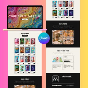 May include: A digital website layout for Sweet Haven featuring a laptop screen displaying a colourful abstract background with the text Your Sweet Paradise, alongside product grids of various snacks and drinks, store information, and a map location.