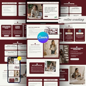 May include: A digital marketing course landing page template featuring a laptop and smartphone display. The design uses a deep red and white color scheme with sections for coaching expertise, testimonials, course modules, and a free starter guide.