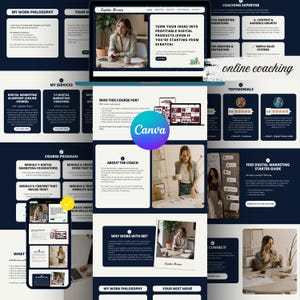 Canva Online Coaching Website Template, Sales Page, Online Course, Mentoring Program, Personal Blog, Dark Blue Style