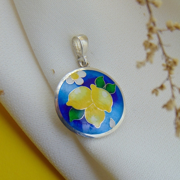 Lemon Pendant/Georgian Cloisonne Enamel Pendant/Handmade jewelry/Colorful locket/Gift for her/Silver lemon charm