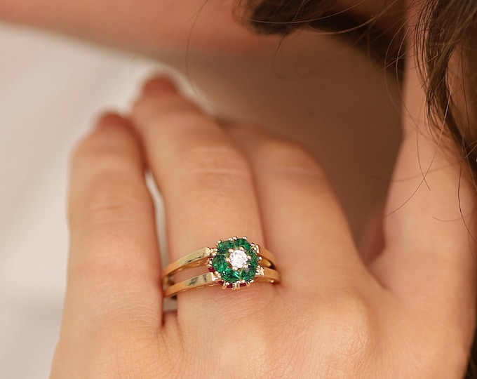 14k Gold Reversible Ring | Ruby and Emerald Flower Gemstone Jewelry