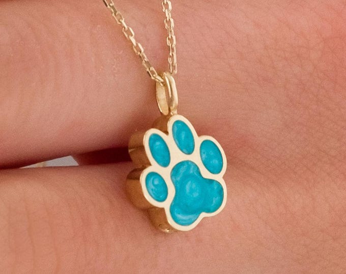 14k Gold Enamel Paw Urn Necklace | Real Gold Ash Holder for Pets, Colorful Memorial Pendant for Dog or Cat Loss | Grief & Remembrance Gift