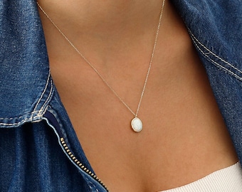 14k Gold White Opal Necklace | Minimal October Birthstone Gemstone Jewelry
