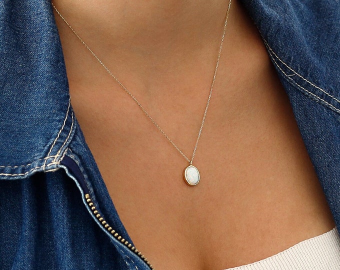 White Opal Gold Necklace | Minimal 14k Gold Opal Gemstone Necklace, Everyday Necklace, October Birthstone, Prom Gift, Gift For Her
