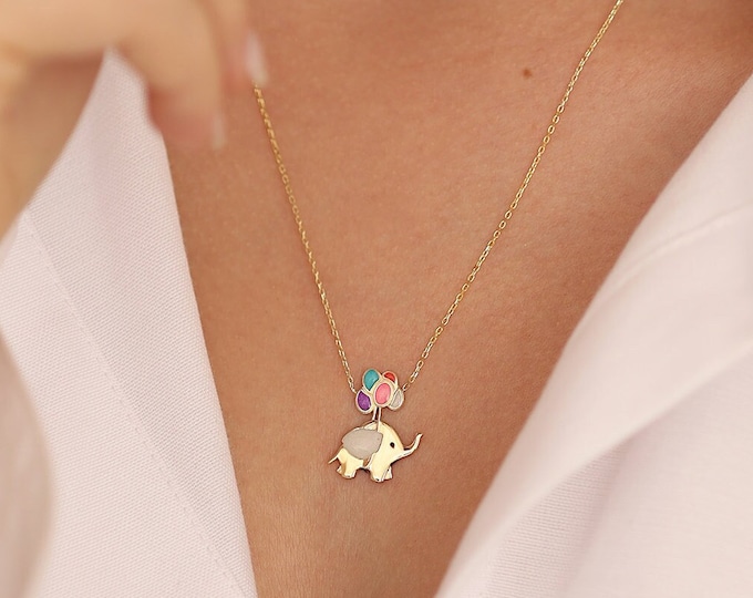 Luminous Elephant on Balloons Necklace | 14k Gold Glow in the Dark Elephant Necklace, Luminescent Colorful Enamel Necklace, Birthday Gift