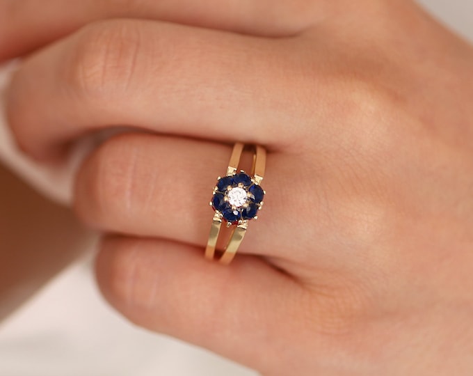 14k Gold Reversible Ring | Sapphire & Pink Ruby Hexagon Flower
