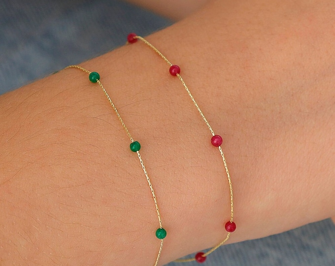 14k Gold Red Jade Beaded Bracelet | Handmade Jewelry for Boosting Energy, Meditation Gemstone Bracelet, Renew Passion, Birthday Gift Jewelry