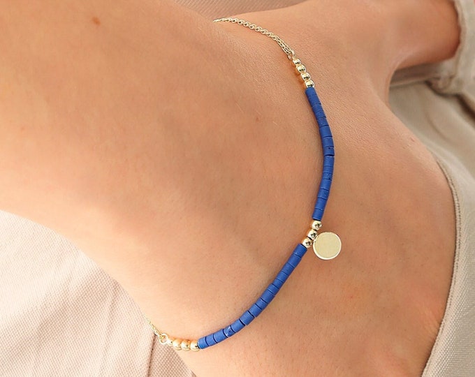 LAPIS Lazuli Bracelet w/14k Gold Beads | Engravable Coin, Personalized NATURAL STONE Bracelet, Everyday Minimalist Bracelet, Gift for Her