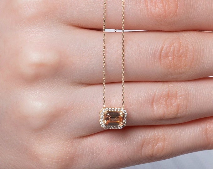 14k Gold Champagne Topaz Necklace | Handmade Jewelry, Yellow CZ Gemstone Necklace, Bridesmaid Jewelry Gift, Baguette Cut, Anniversary Gift
