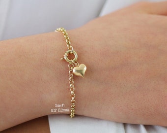 14k Gold Rolo Link Bracelet w/ Puffy Heart Charm | Dainty Belcher Chain Gold Bracelet, Sailor Lock Clasp, Minimalist Gift | Gift for Her