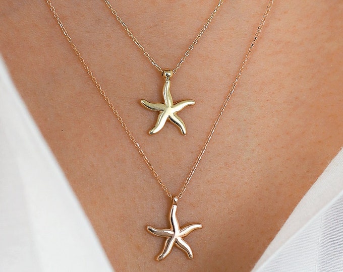 14k Gold Starfish Necklace | Gleaming Sea Star Ocean & Marine Jewelry, Regeneration, Prosperity, Resiliance Pendant, Valentine's Day Gift