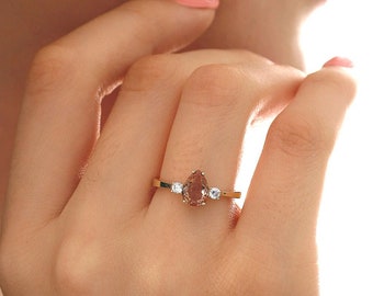 14k Gold Zultanite Three Stone Ring | Handmade Dainty Jewelry, Change Color Drop Gem, Diaspore Flashy Ring, Anniversary Gift, Gift for Her