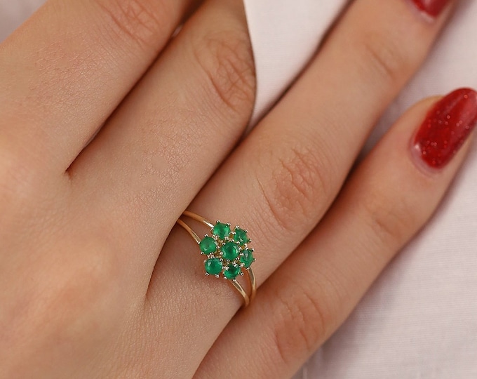 14k Gold Emerald Hexagon Flower Ring | Handmade Jewelry, wedding jewelry set, May Birthstone, Dainty Emerald Gemstone Ring, Anniversary Gift
