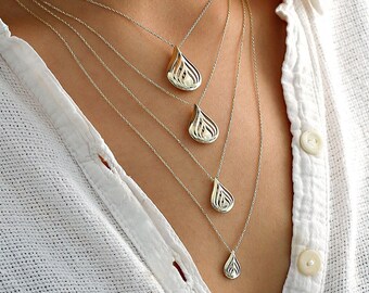 14k Gold Teardrop Necklace | Puffy Water Drop Bold Minimalist Pendant Jewelry