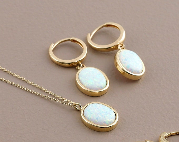 14k Gold White Opal Drop Earrings, Handmade Jewelry set, October Birthstone, Hope Stone, Dainty Blue Opal Earrings, Birthday Gift, Libra Gem