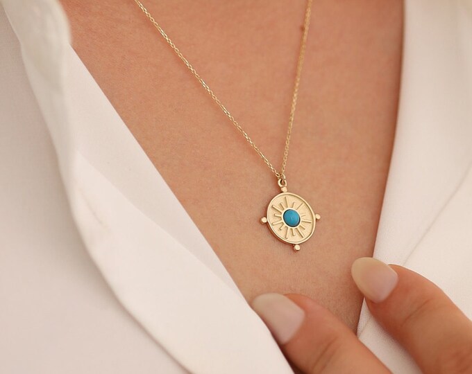 14k Gold Blue Turquoise Disc Necklace | Sun Shaped Round Pendant, Coin Necklace, Star Pendant with Stripes, Handmade Jewelry, Gift for Her