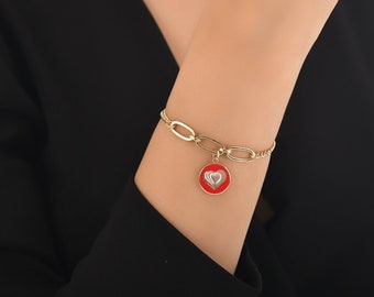 14k Gold Red Heart Paperclip Link Bracelet | Enamel Red Coin White Heart Charm, Disc Pendant, Lobster Clasp Bracelet | Gift for Her