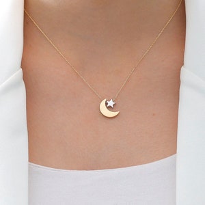 14k Gold Moon and Star Necklace | Crescent and Star Charm, Handmade Jewelry, Celestial Pendant, Birthday Gift, Charm Necklace, Gift for Her