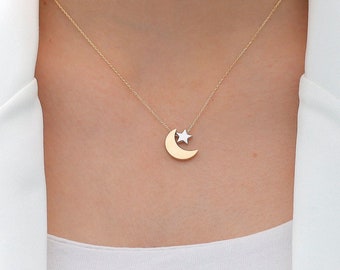 14k Gold Moon and Star Necklace | Crescent and Star Charm, Handmade Jewelry, Celestial Pendant, Birthday Gift, Charm Necklace, Gift for Her